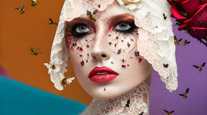 Marc Lamey Women Portrait Bees Glamour Face Paint Eyeshadow Lipstick Makeup Purple Blue Orange Rose  1800x1201 Wallpaper