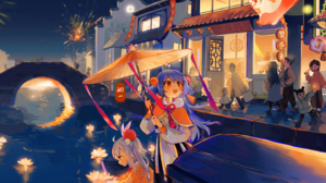 Bilibili 22 Bilibili 33 Bilibili Fireworks Anime Girls Water City Lights Night Umbrella 1440x1058 wallpaper