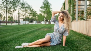 Women Model Outdoors Women Outdoors Legs Legs Together Long Hair Arms Up Grass Looking Away Dress Su 2500x1669 Wallpaper