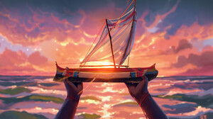 Victor Sales Digital Art Fantasy Art Water ArtStation Boat Landscape Sunset Clouds Sunset Glow Sunli 1920x1164 Wallpaper