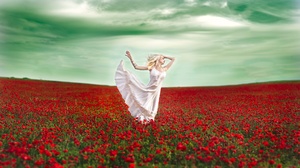 White Dress Field Flower Red Flower Poppy Summer 2048x1152 Wallpaper