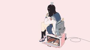 Daisukerichard Anime Girls Original Characters Minimalism Backpacks Sitting Simple Background 3840x2160 Wallpaper