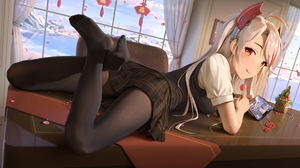 Anime Anime Girls Himitsu Azur Lane Prinz Eugen Azur Lane Legs Schoolgirl Desk Smartphone Feet Silve 3380x1900 Wallpaper