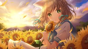 Anime Anime Girls Field Flowers Sunflowers Yellow Flowers Women Outdoors Animal Ears Blonde Dress Gr 3000x2000 Wallpaper