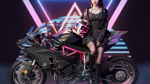 Shuai Liu CGi Women Dark Hair Looking At Viewer Jacket Black Clothing Motorcycle Neon Glow 3D 1920x1547 Wallpaper