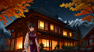 Ai Art Anime Girls Chi Pao House Maple Leaf Night Hairbun Odango Looking At Viewer Mountains Snow Sk 3840x2160 Wallpaper