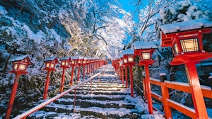 Japan Winter Asian Architecture Snow Steps Trees Lantern Low Angle 2016x1344 Wallpaper