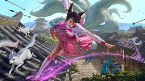 Yuhong Ding Drawing League Of Legends Ahri League Of Legends Dark Hair Dress Pink Clothing Running F 3840x2160 Wallpaper
