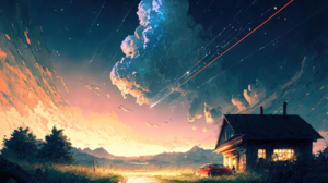 Ai Art Illustration Artwork Landscape Shooting Stars Sky Night Universe Uomi Clouds Sunset Glow Natu 1999x1335 Wallpaper