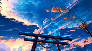 Shuu Illust Vertical Anime Girls Rear View From Behind Clouds Sky Sunset Wires Low Angle Cumulus Tor 2827x4000 Wallpaper