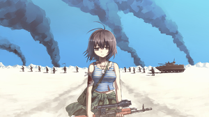Short Hair Gun Tank Desert Smoke Brunette Brown Eyes Looking At Viewer Soldier Anime Girls Artwork 1920x1200 Wallpaper