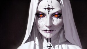 Ai Generated Women Nuns Habit White Skin Piercing Orange Eyes Cross Demon Face Black Background Whit 4050x2160 Wallpaper