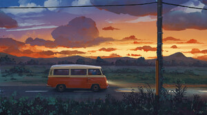 Artwork Sunset Car Road Clouds 1920x1133 Wallpaper