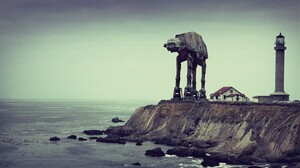 Star Wars Rift Lighthouse AT AT Sea Digital Art Photomontage 1819x1080 Wallpaper