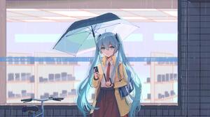 Anime Anime Girls Hatsune Miku Vocaloid Umbrella Rain School Uniform 3508x2480 Wallpaper
