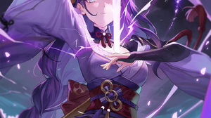 Anime Girls Genshin Impact Raiden Shogun Genshin Impact Purple Hair Purple Eyes Vertical Sword Braid 1400x2760 Wallpaper