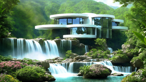 Modern House Nature Ai Art Waterfall Water Rocks Flowers 3840x2160 Wallpaper