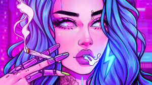 Meowgress Digital Art Artwork Illustration Women Smoking Curly Hair Long Hair Blue Hair Pink Lipstic 2400x3000 Wallpaper