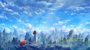 City Building Sky Rainbows Anime Girls Post Apocalypse Clouds Dress White Dress Umbrella Red Umbrell 1920x1080 Wallpaper