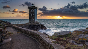 Nature Coast Sea Lighthouse France Rocks Stones Bridge Sunset Sky Clouds Waves Water 3840x2160 Wallpaper