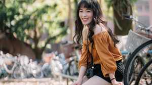 Asian Model Women Long Hair Dark Hair Sitting Depth Of Field Ankle Boots Bag Blouse Bare Shoulders B 2561x3840 Wallpaper