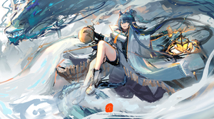 Anime Anime Girls Lemtun Arknights Ling Arknights Blue Hair Blue Eyes Pointy Ears Dragon Horns Drago 8000x4000 wallpaper