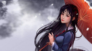 Prywinko Digital Art Artwork Illustration Women Long Hair Dark Hair Umbrella Snow Schoolgirl School  4000x2250 Wallpaper