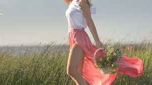 Women Blonde Wind Pink Skirt Nature Swamp Plants Sky Model Legs Barefoot Tiptoe Standing Standing In 2346x3000 Wallpaper