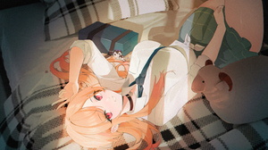 Anime Anime Girls Kitagawa Marin Blonde Long Hair School Uniform In Bed Red Eyes Smiling Peace Sign  6500x3714 wallpaper