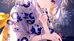 Anime Anime Girls Portrait Display Fireworks Looking At Viewer Smiling Hush Gesture Short Hair Flowe 1138x1663 wallpaper