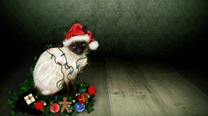 Cat Christmas Lights Decoration Pet Santa Hat Siamese Cat 2667x1687 Wallpaper