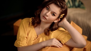 Vladimir Vasilev Women Brunette Eyeshadow Yellow Resting Head Portrait 2160x1440 wallpaper
