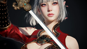 Eunji Lee CGi Women Silver Hair Bangs Horns Dress Weapon Sword Simple Background 1920x2133 Wallpaper