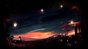 Night Sky Trees Plants Stars Lantern Sky Lanterns Glowing Video Games Sunset 1920x1080 wallpaper