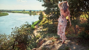 Women Women Outdoors Summer River Sergey Bogatkov Flower Dress Trees Touching Hair Dyed Hair 2560x1707 Wallpaper