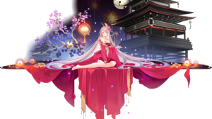 Chinese Architecture Chinese Clothing Chinese Dress Anime Girls Moon Red Eyes Long Hair 4406x3614 Wallpaper