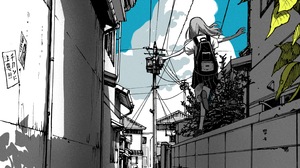 Anime Girls Artwork Digital Art Blue Sky Running Wall Freedom Street Wires Schoolgirl Backpacks Clou 2881x4096 Wallpaper