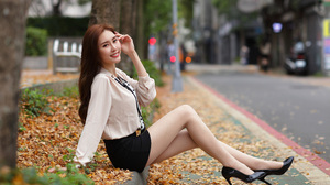Asian Model Women Long Hair Dark Hair Depth Of Field Black Skirts Blouse Black High Heels Leaves Tre 3840x2560 Wallpaper