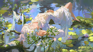 Anime Anime Girls Lying Down Lying On Back One Eye Obstructed Water Closed Eyes Long Hair White Hair 1799x1012 wallpaper