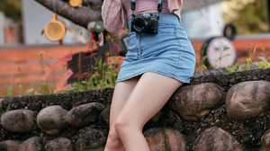 Asian Model Women Short Hair Brunette Sitting Jeans Skirt Short Tops Wool Jacket Camera Trees Cherry 2560x3840 Wallpaper