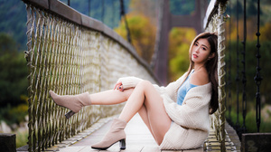 Asian Model Women Long Hair Dark Hair Sitting Depth Of Field Wool Jacket Shirt Bridge Railings Trees 4562x3041 Wallpaper