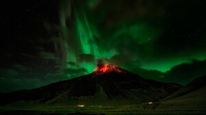 Aurora Borealis Eruption Lava Starry Sky Volcano 2500x1379 Wallpaper