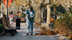 People Street ChongQing Men Broom Cleaning Fallen Leaves Bench Trees Men Outdoors 1920x1080 Wallpaper