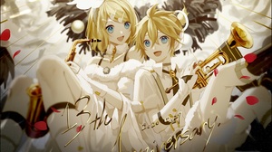 Anime Anime Girls Kagamine Rin Blonde Kagamine Len Blue Eyes Vocaloid Twins Anniversary Smiling Open 1522x1227 Wallpaper
