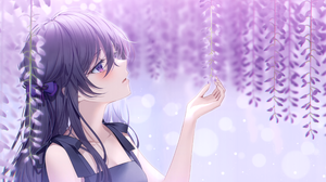 Anime Pixiv Anime Girls Flowers Purple Hair Purple Eyes Blushing Looking Away Bow Tie Long Hair 4868x3426 Wallpaper
