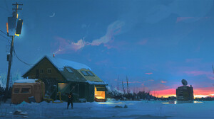 Ismail Inceoglu Digital Art Artwork Illustration Winter Snow Landscape Sunset House Moon Nature Sky 2500x1200 Wallpaper