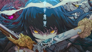 Kanji Long Hair Dragon Blue Hair Yellow Eyes Demon Face Sword Oni Gun Looking At Viewer Smoke Japane 3440x1440 wallpaper