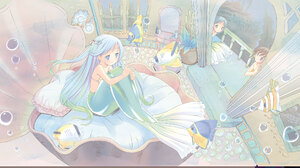 Anime Anime Girls Mermaids Aqua Eyes Cyan Hair Long Hair Fish Underwater Fantasy Art Bed Fantasy Gir 3000x1291 Wallpaper