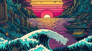 The Great Wave Off Kanagawa Artificial Intelligence 4K Waves Sunset Ai Art 3216x2012 wallpaper