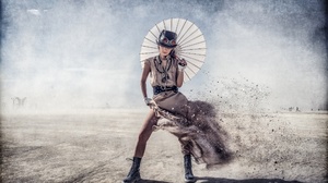 Boots Dress Girl Goggles Hat Necklace Sand Steampunk Umbrella Woman 2499x1668 Wallpaper